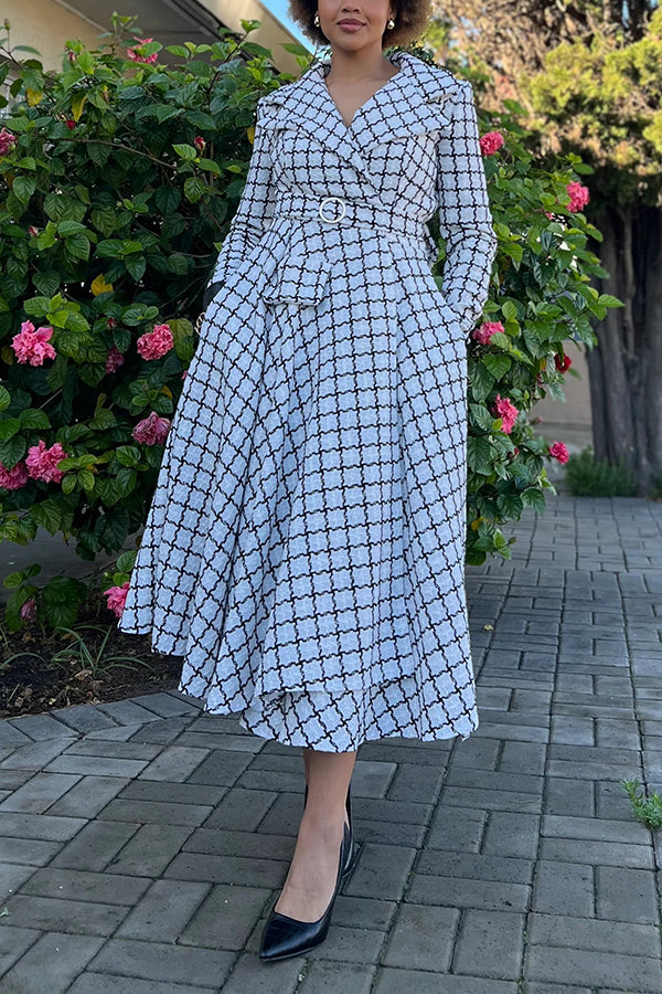 Retro Plaid Lapel Collar Belted Dress