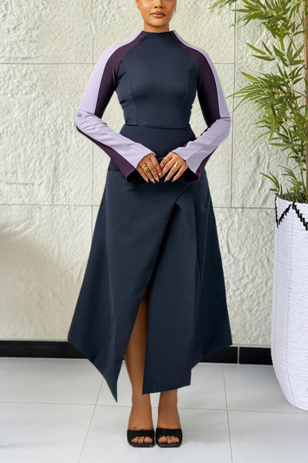 Classic Two Tone Sleeve Split Hem Dress