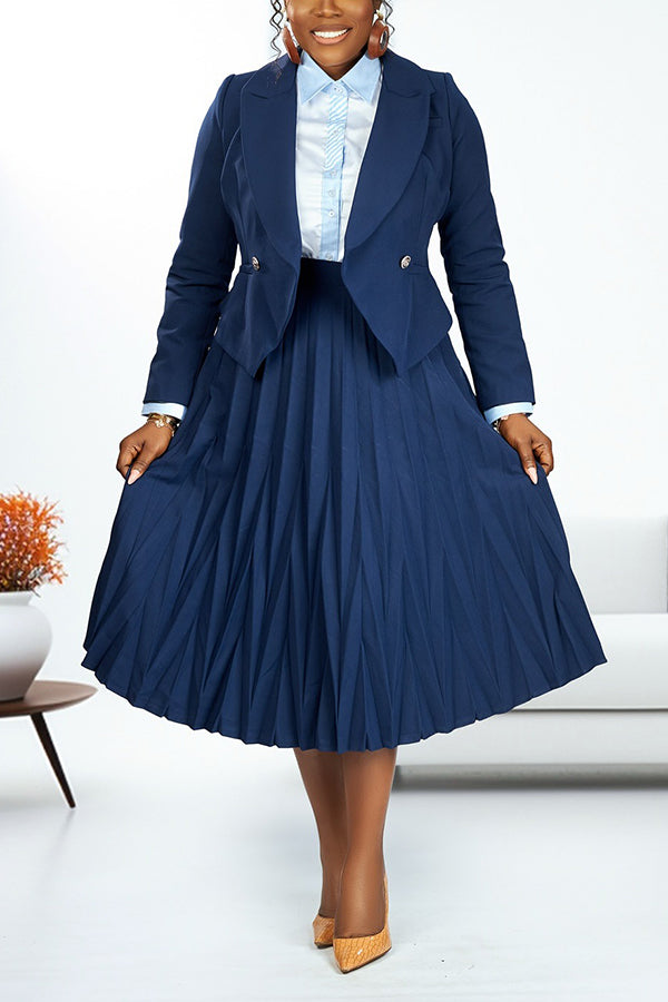 Chic Double Breasted Blazer & Pleated Skirt Set