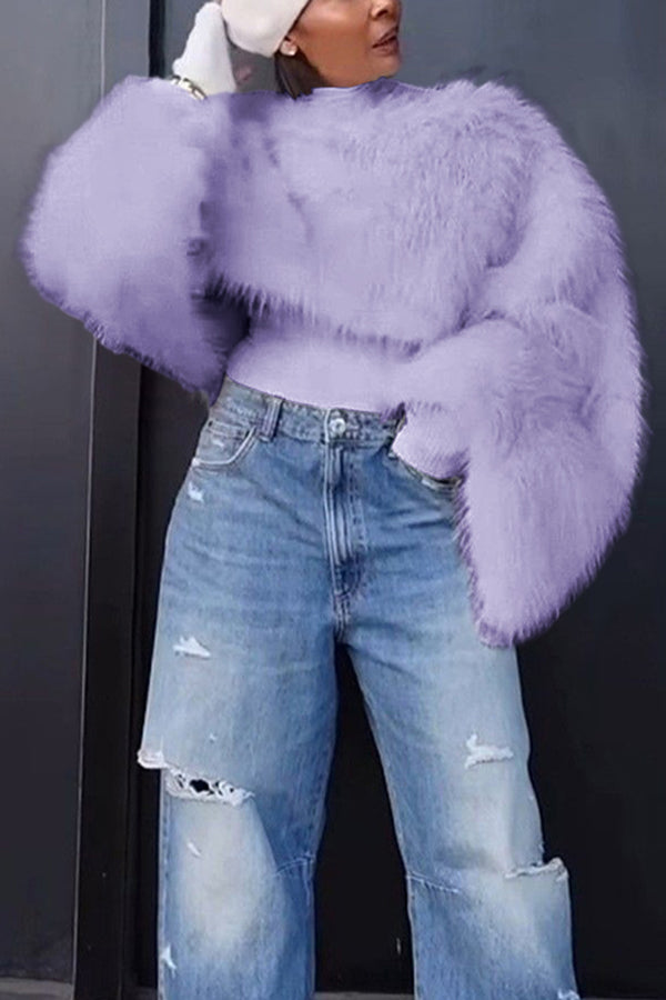 Stylish Plush Trumpet Sleeve Sweater
