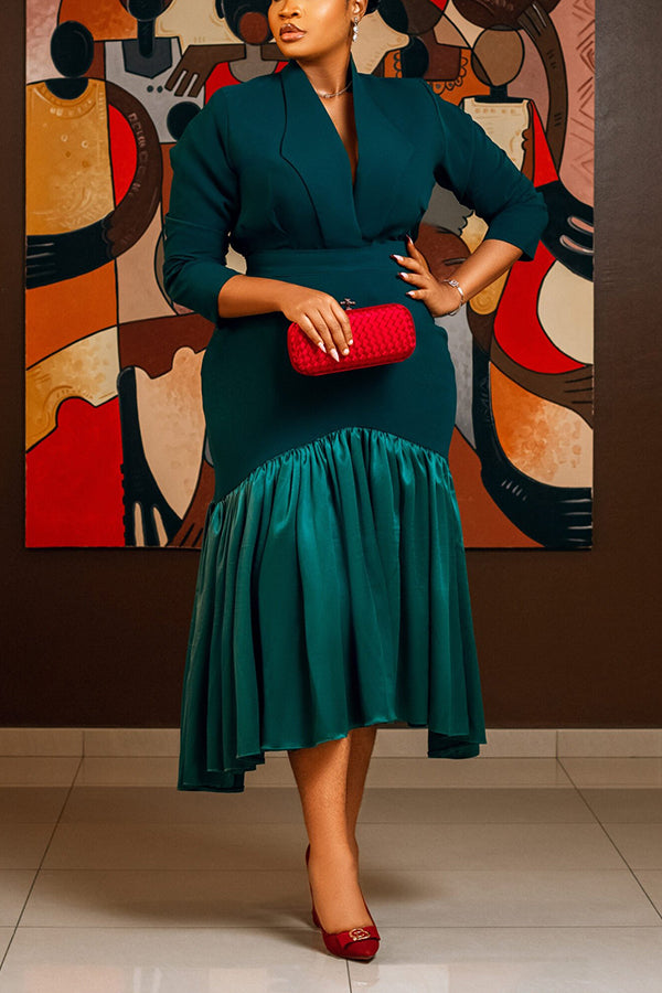 Elegant Lapel Collar Ruffle Hem Dress 