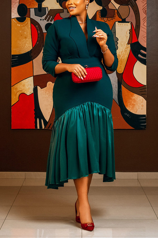 Elegant Lapel Collar Ruffle Hem Dress 