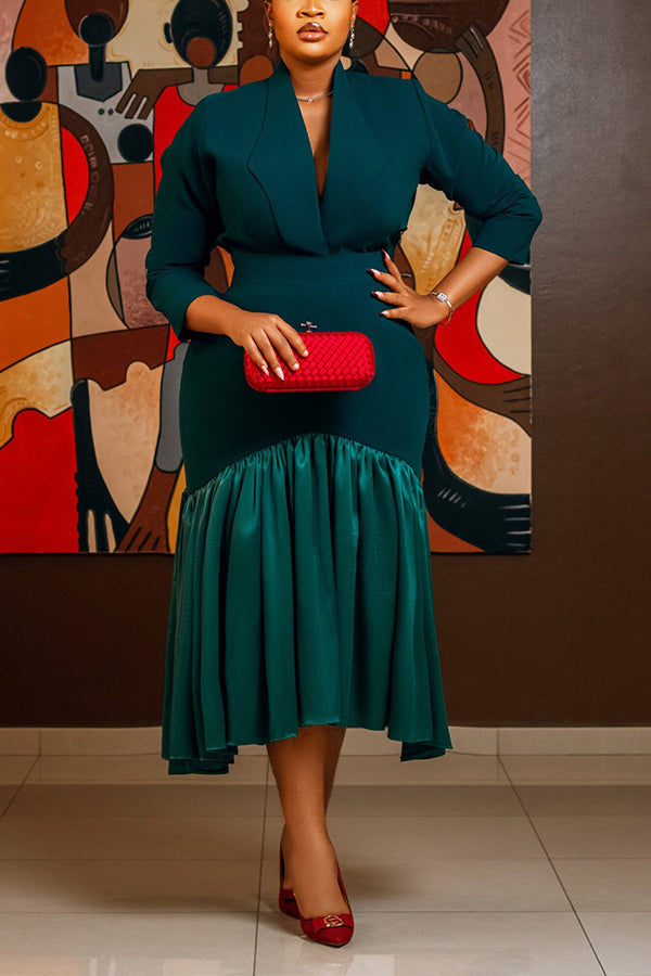 Elegant Lapel Collar Ruffle Hem Dress 