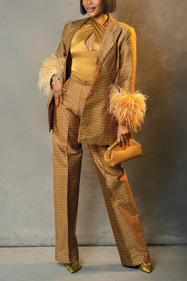 Retro Geo Print Fuzzy Trim Blazer & Pants Set