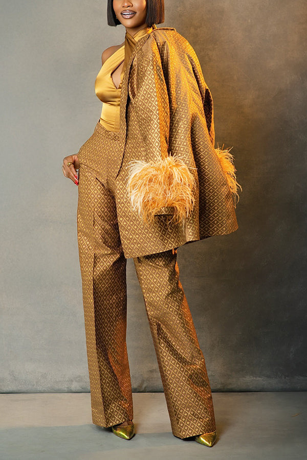 Retro Geo Print Fuzzy Trim Blazer & Pants Set