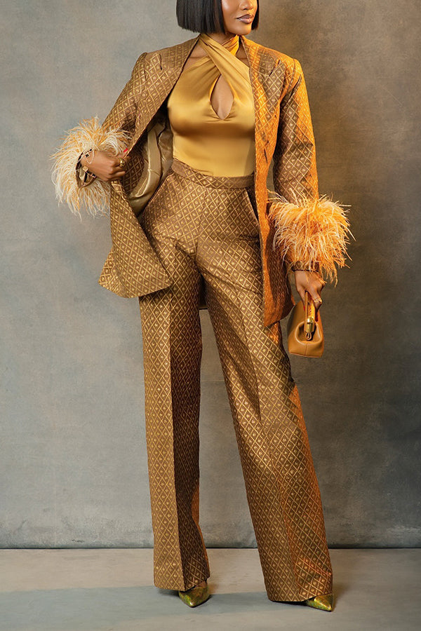 Retro Geo Print Fuzzy Trim Blazer & Pants Set