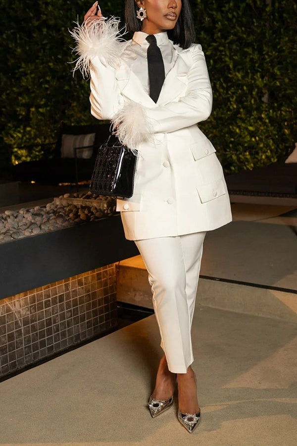Stylish Fuzzy Trim Blazer & Pants Set