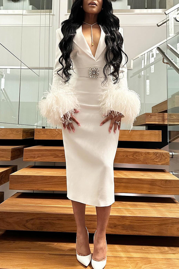Vintage Fuzzy Trim Shawl Collar Midi Dress