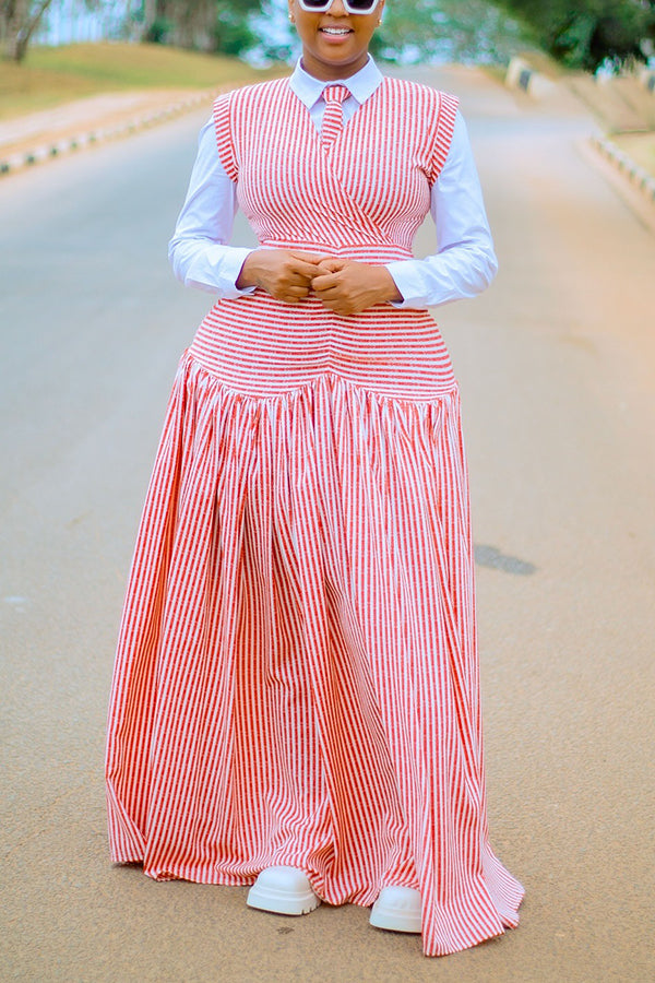 Retro Striped V-Neck Ruffle Hem Dress