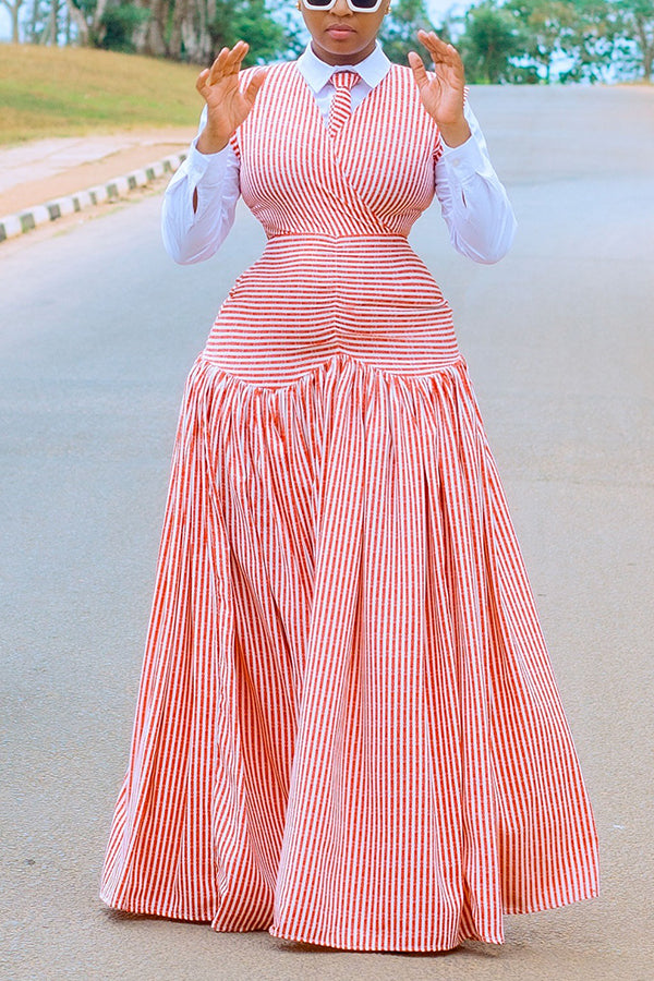 Retro Striped V-Neck Ruffle Hem Dress