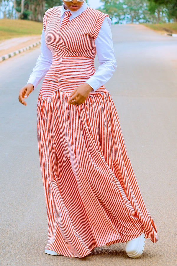 Retro Striped V-Neck Ruffle Hem Dress