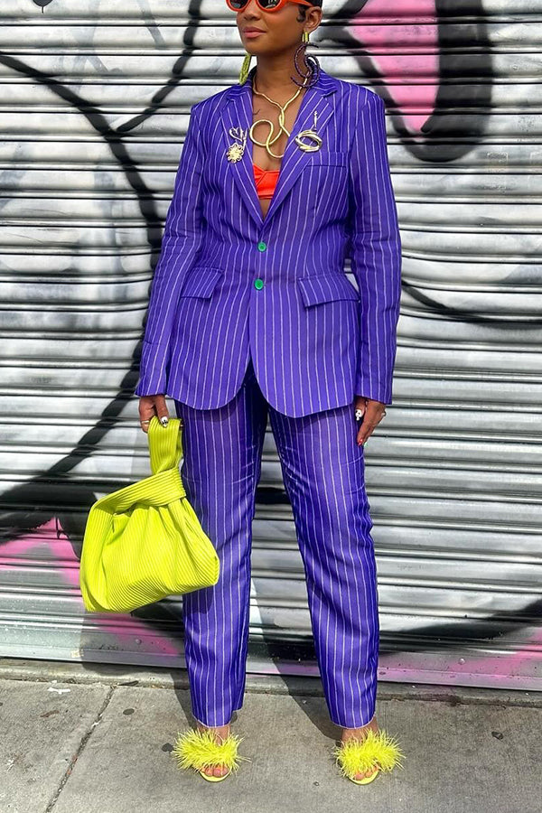 Vintage Striped Lapel Collar Blazer & Pants Set