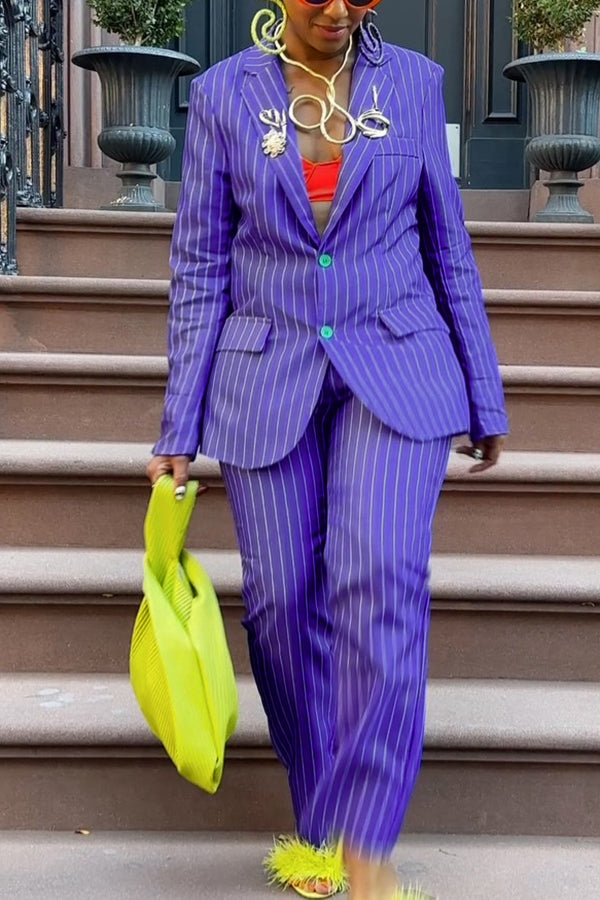 Vintage Striped Lapel Collar Blazer & Pants Set