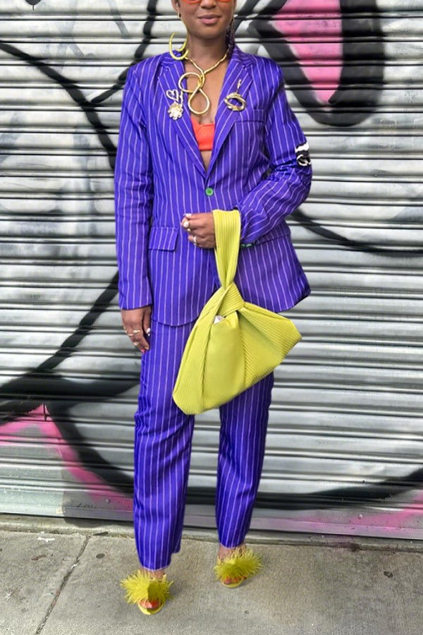 Vintage Striped Lapel Collar Blazer & Pants Set