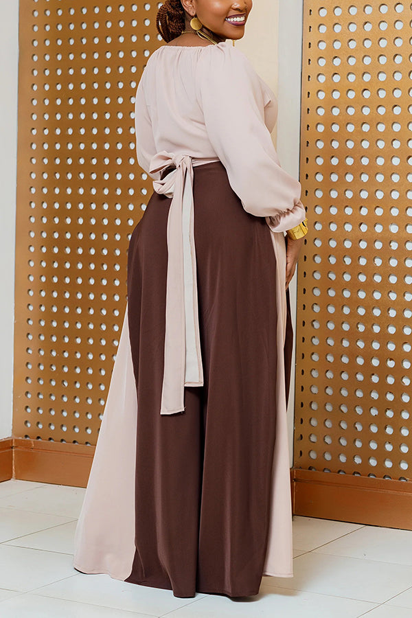 Retro Surplice Neck Top & Two Tone Pants Set