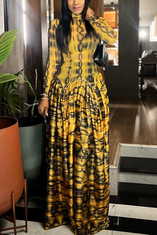 Retro Figure Graphic Ruffle Hem Dress