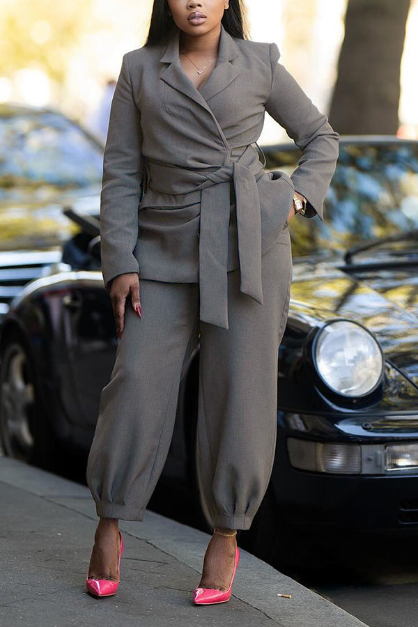 Elegant Self Belted Blazer & Pants Set