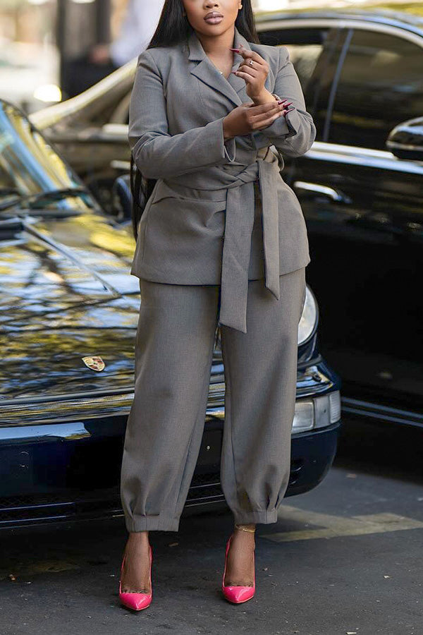 Elegant Self Belted Blazer & Pants Set