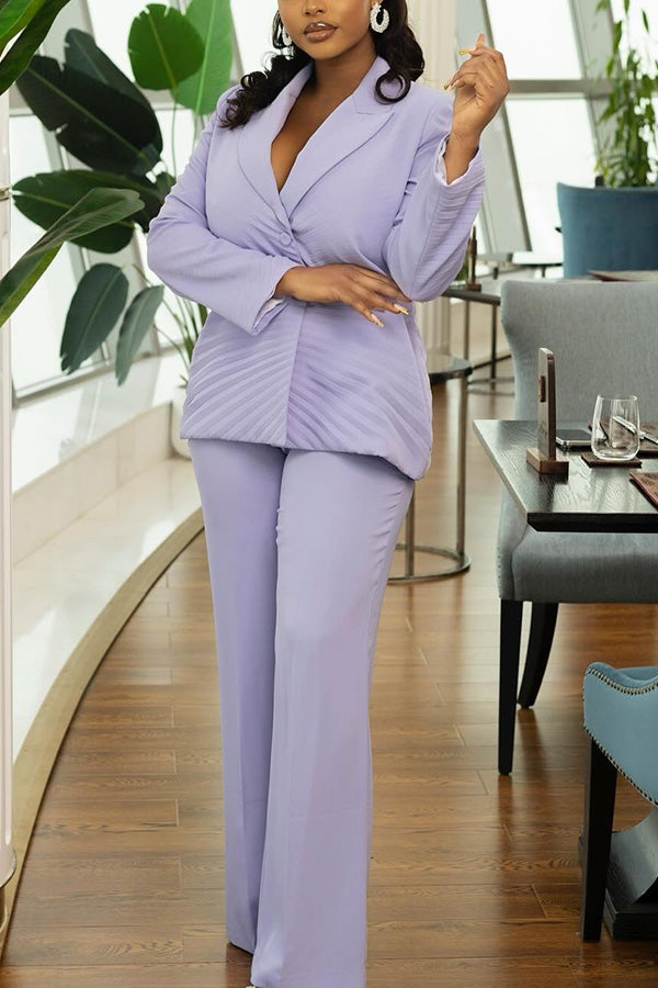 Stylish Pleated Lapel Collar Blazer & Pants Set