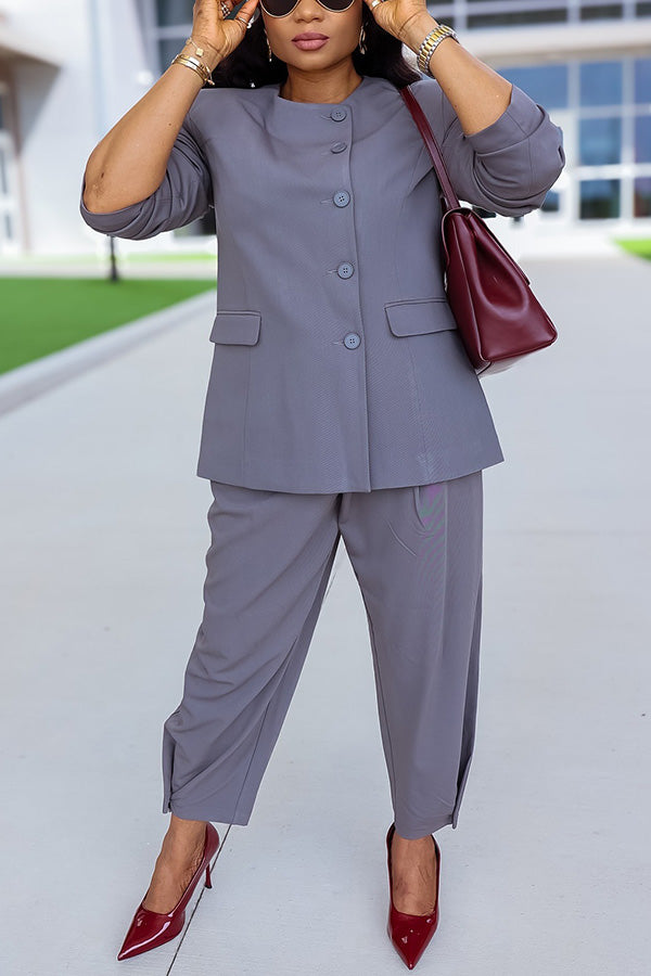 Retro Round Neck Single Breasted Blazer & Pants Set