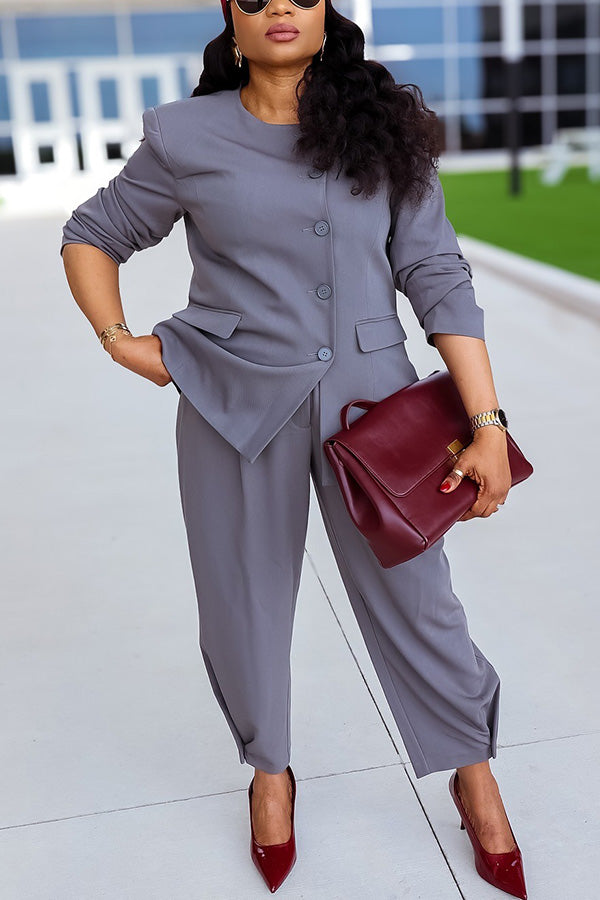 Retro Round Neck Single Breasted Blazer & Pants Set
