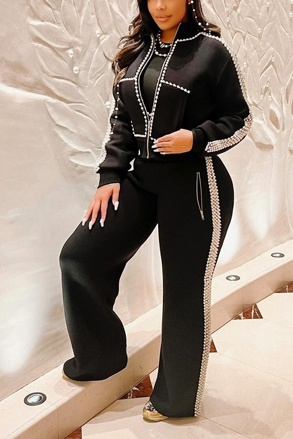 Retro Pearl Decoration Top & Pants Set