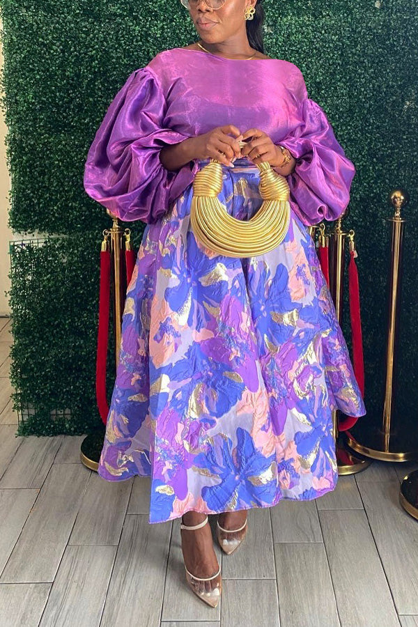 Vintage Lantern Sleeve Top & Floral Print Skirt Set