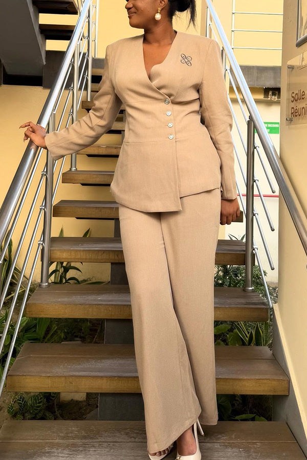 Retro Surplice Neck Blazer & Pants Set