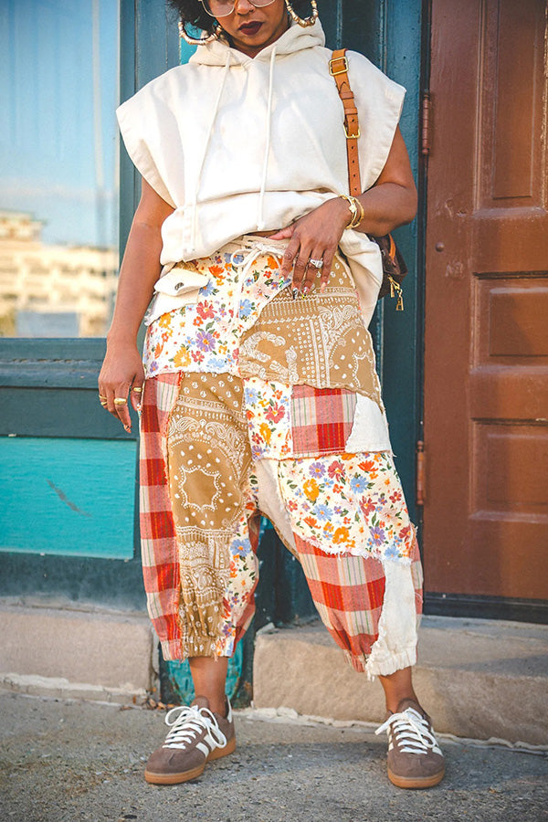 Retro Patchwork Drop Crotch Pants