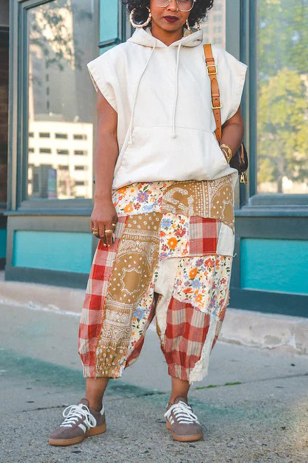 Retro Patchwork Drop Crotch Pants