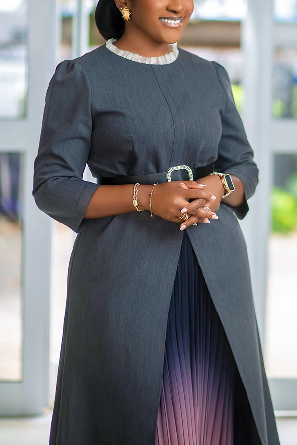 Fashion Frill Trim Collar Top & Pleated Skirt Set