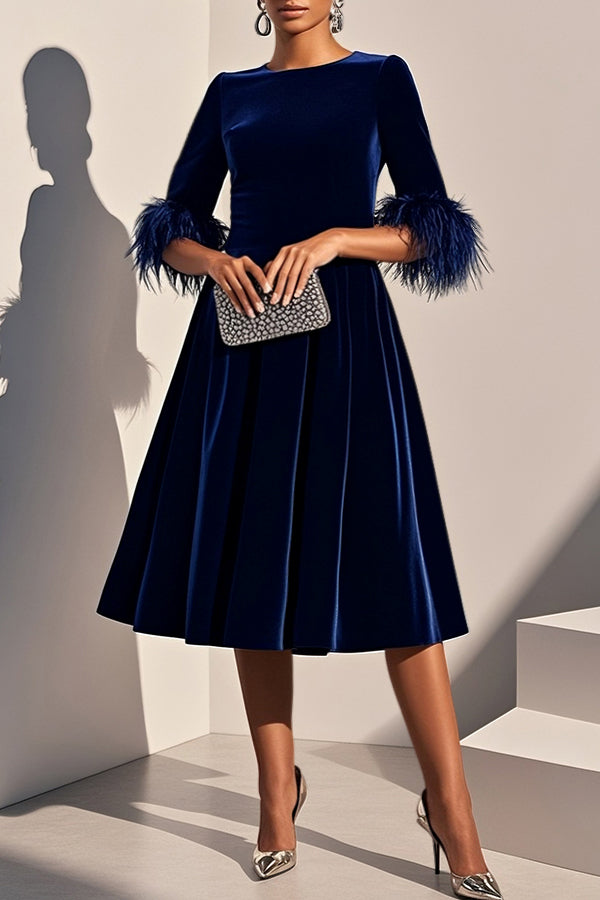 Retro Velvet Fuzzy Trim Dress