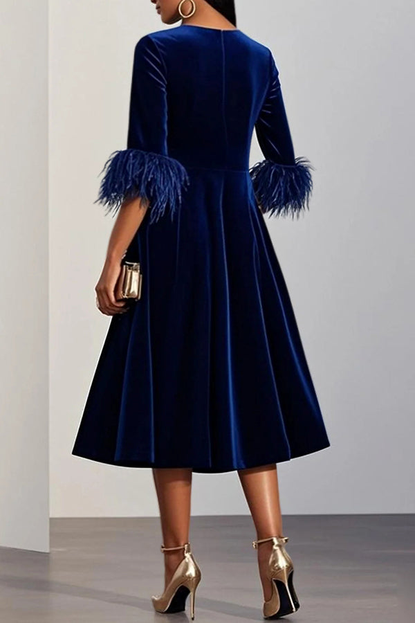 Retro Velvet Fuzzy Trim Dress