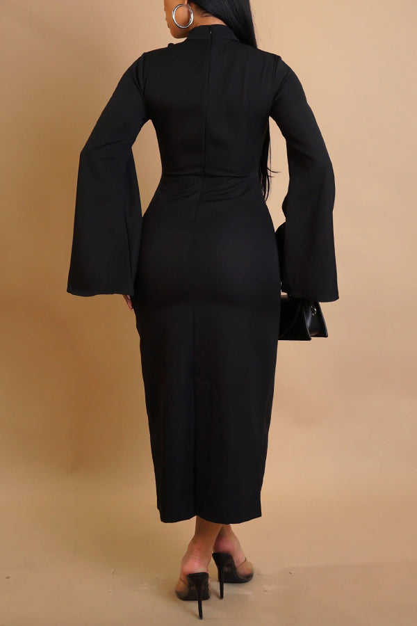 Stylish Trumpet Sleeve Double Breasted Dress