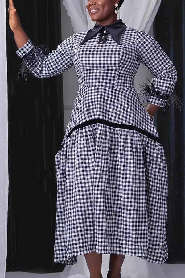 Chic Plaid Shirt Collar Fuzzy Trim Dress