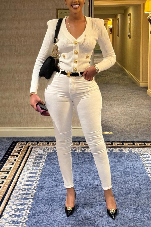 Elegant Single Breasted V-Neck Blouse