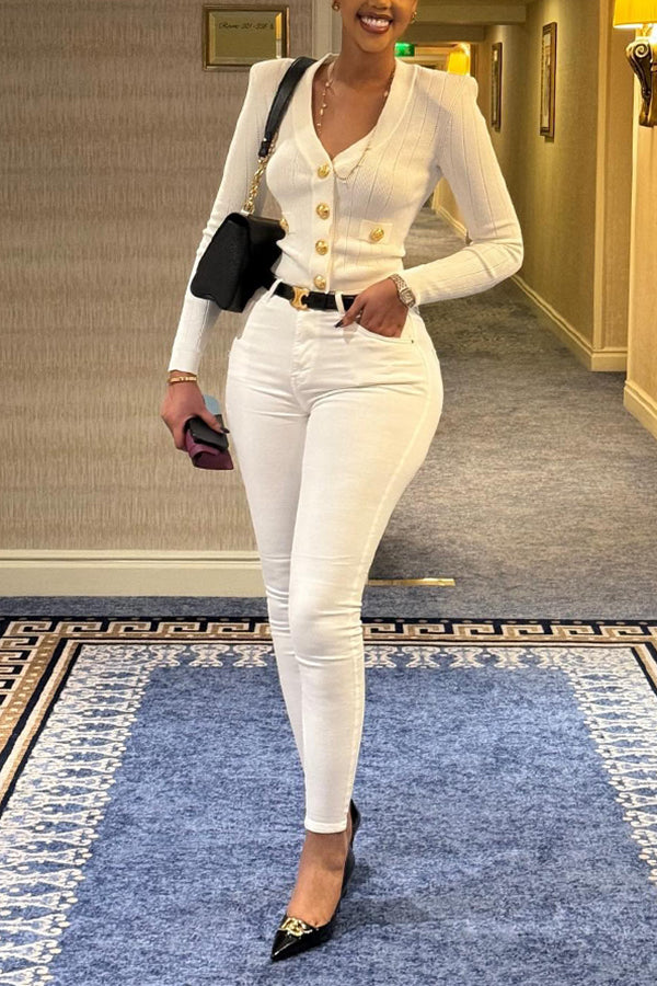 Elegant Single Breasted V-Neck Blouse