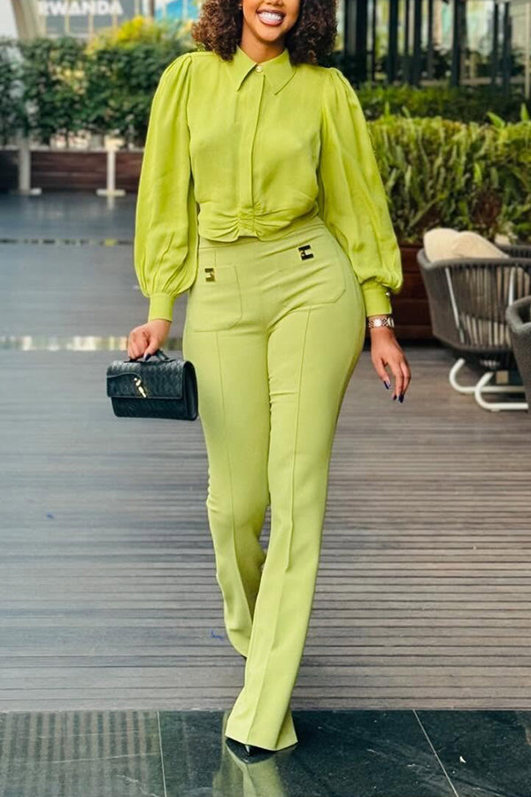 Retro Lantern Sleeve Shirt & Pants Set