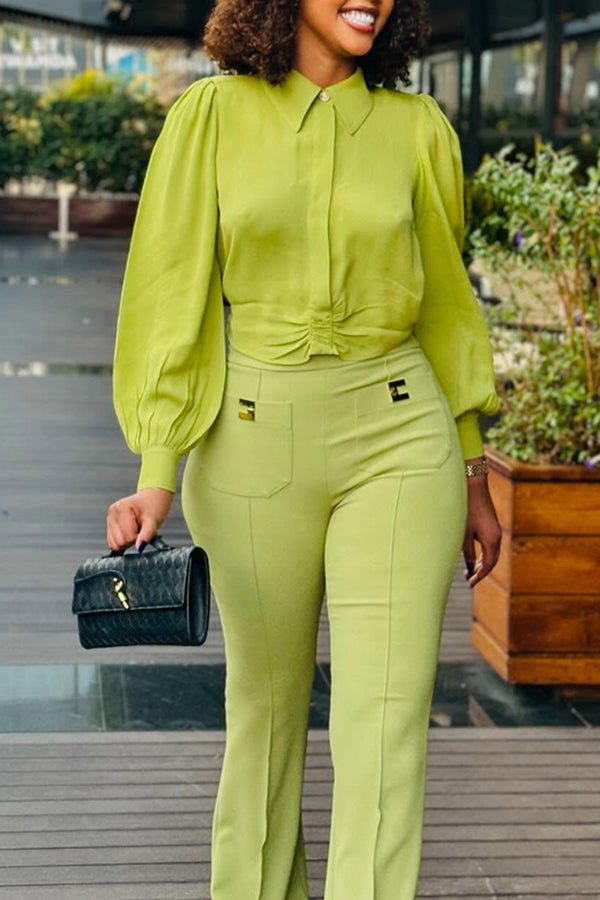 Retro Lantern Sleeve Shirt & Pants Set