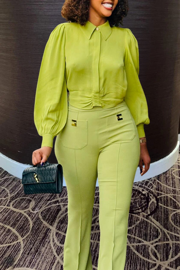 Retro Lantern Sleeve Shirt & Pants Set