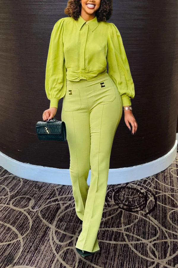 Retro Lantern Sleeve Shirt & Pants Set