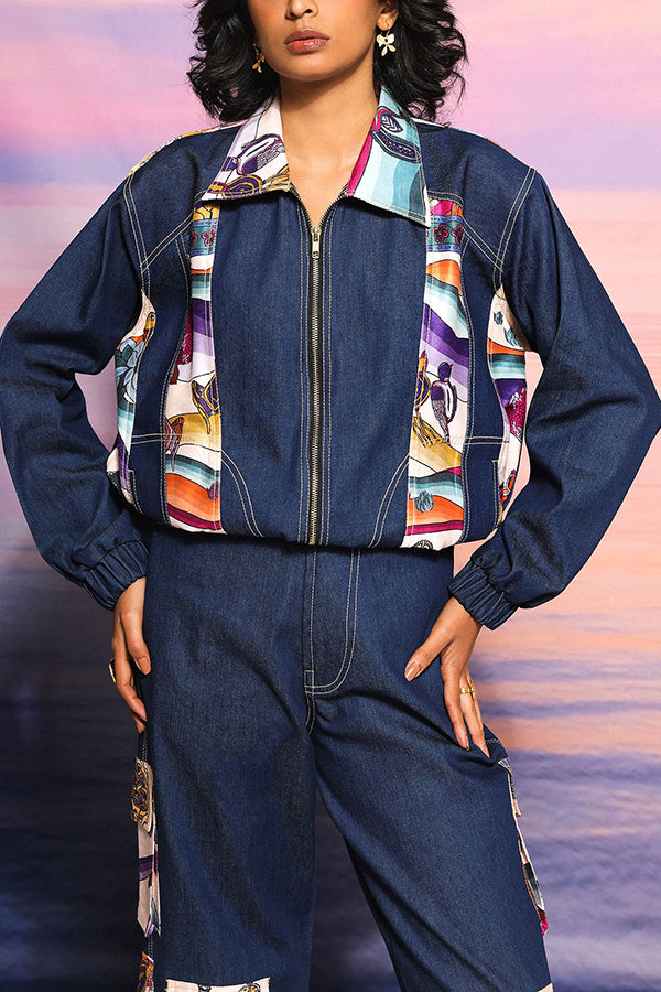 Stylish Graphic Print Denim Patch Jacket