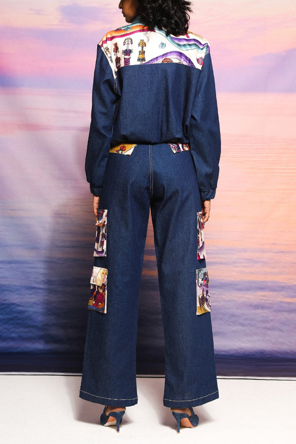 Stylish Graphic Print Denim Patch Jacket