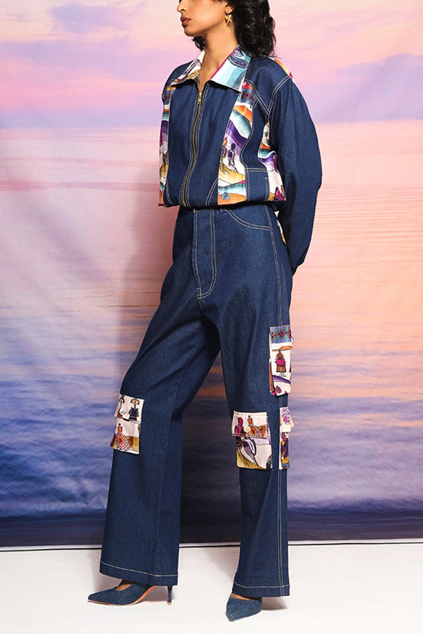 Stylish Graphic Print Denim Patch Jacket