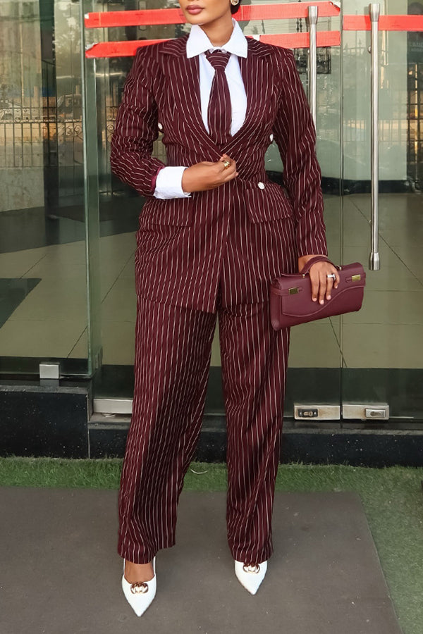 Fashion Double Breasted Striped Blazer & Pants Set