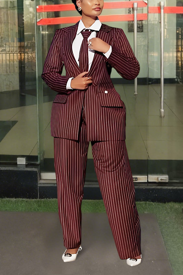 Fashion Double Breasted Striped Blazer & Pants Set
