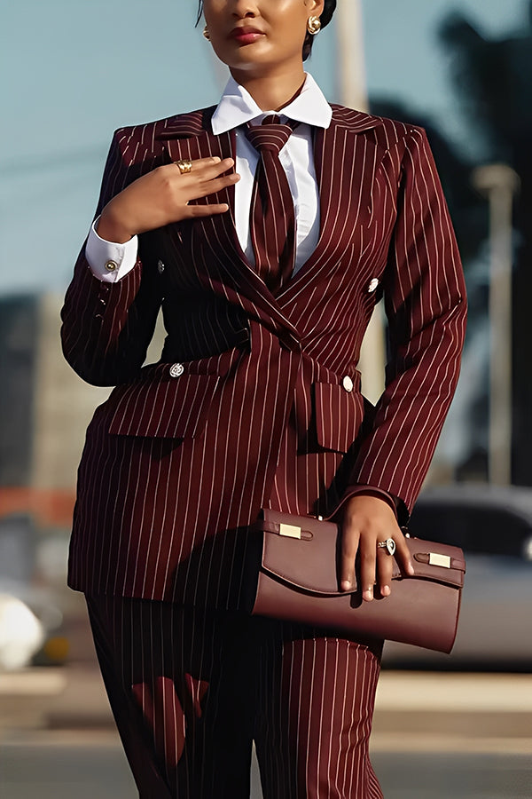 Fashion Double Breasted Striped Blazer & Pants Set