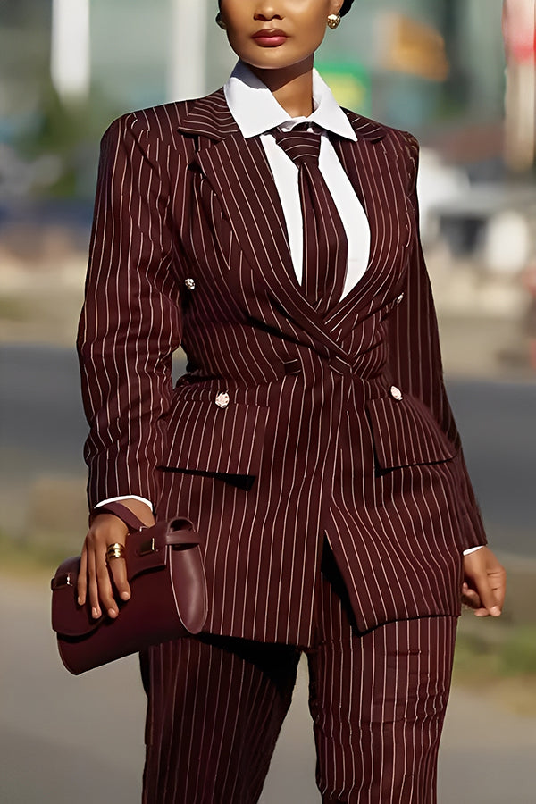 Fashion Double Breasted Striped Blazer & Pants Set