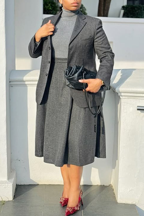 Elegant Lapel Collar Blazer & Skirt Set