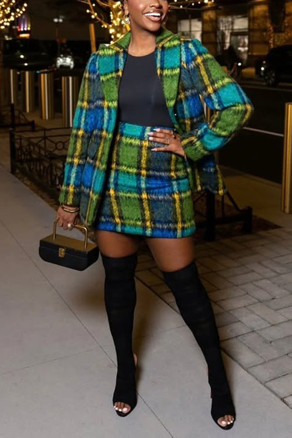 Stylish Plaid Peak Collar Blazer
